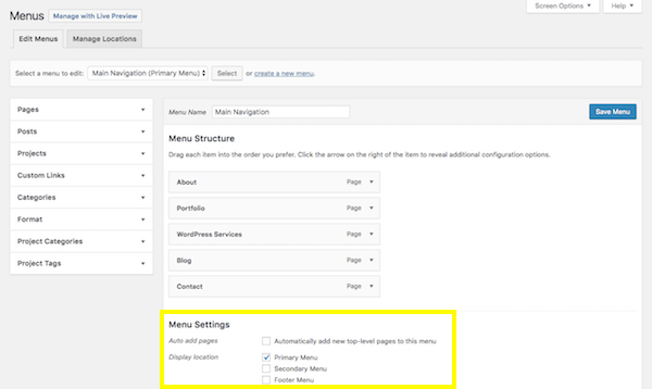 เมนู WordPress - ส่วนการตั้งค่าเมนู