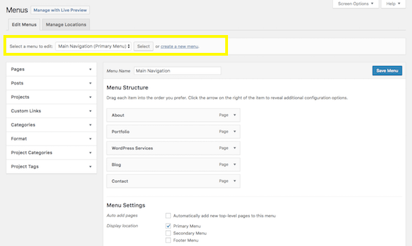 หน้าจอเมนู WordPress
