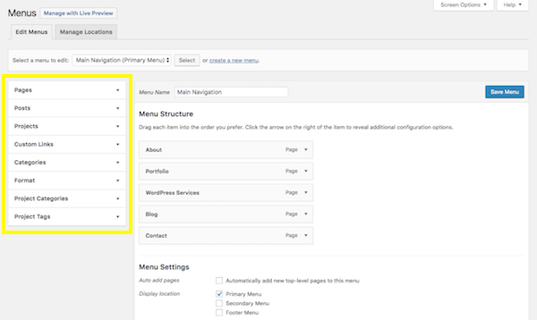 หน้าจอเมนู WordPress - ส่วนแถบด้านข้าง