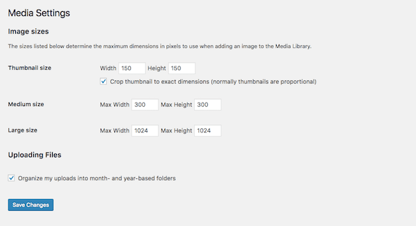 หน้าจอการตั้งค่าสื่อ WordPress