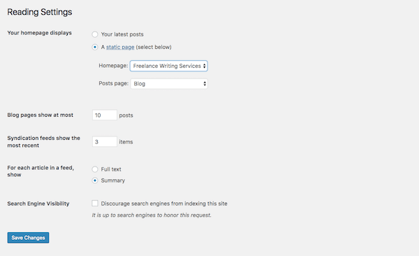 หน้าจอการตั้งค่าการอ่าน WordPress