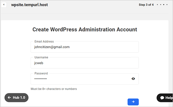 วิซาร์ดการสร้างไซต์ Hub - สร้างบัญชีผู้ดูแลระบบ WP