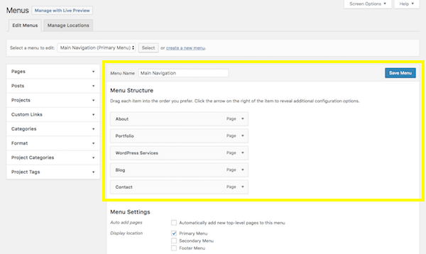 หน้าจอเมนู WordPress - ส่วนโครงสร้างเมนู