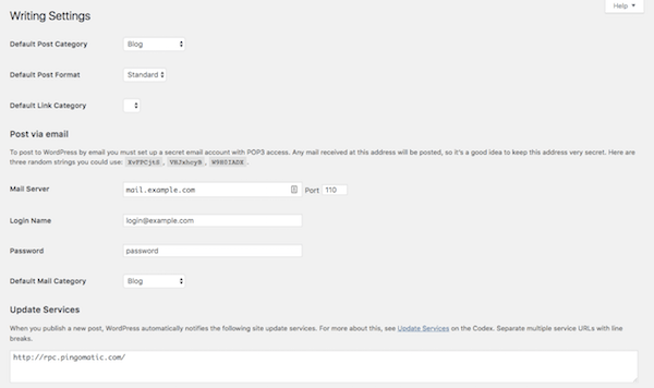 หน้าจอการตั้งค่าการเขียน WordPress