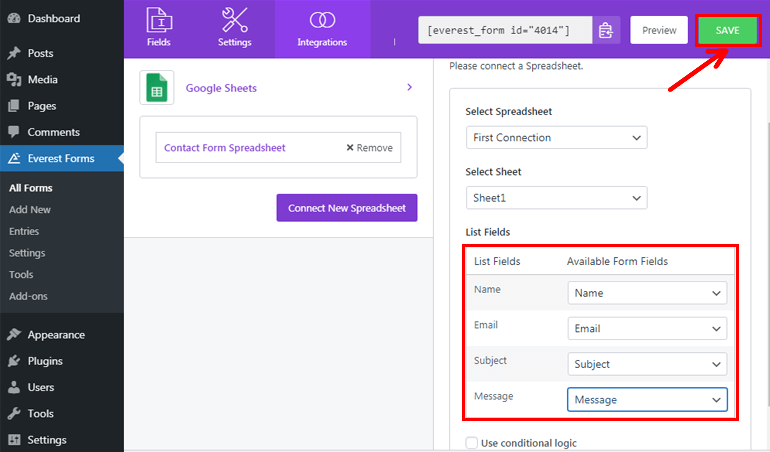 การทำแผนที่ฟิลด์ส่งข้อมูลแบบฟอร์มการติดต่อไปยัง Google ชีต