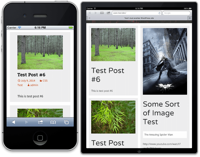 Screenshots des Mauerwerkslayouts auf einem iPhone (1 Spalte) und iPad im Hochformat (2 Spalten)