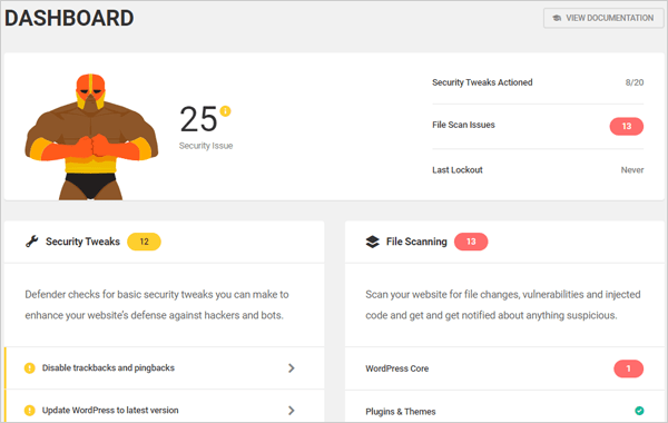 แดชบอร์ดปลั๊กอินความปลอดภัย Defender WordPress