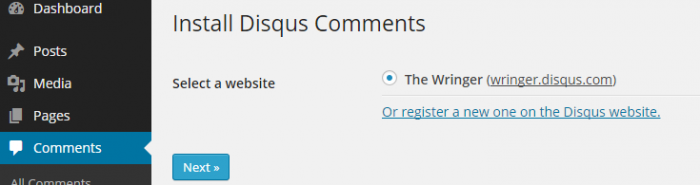 Der letzte Schritt bei der Installation von Disqus-Kommentaren auf einer Website. Sie werden aufgefordert, die Website, zu der Sie Disqus hinzufügen möchten, aus einer Liste vorregistrierter Websites auszuwählen.