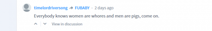 NSFW: Ein beleidigender Kommentar mit Disqus, der lautet: „Jeder weiß, dass Frauen Huren und Männer Schweine sind, komm schon.“