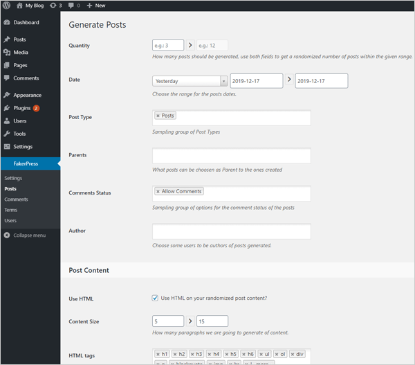 ปลั๊กอินเนื้อหาจำลอง FakerPress WordPress