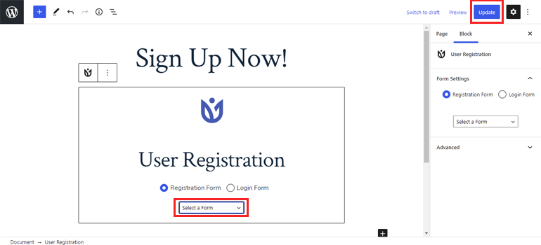 บล็อกการลงทะเบียนผู้ใช้บล็อกแบบฟอร์ม WordPress