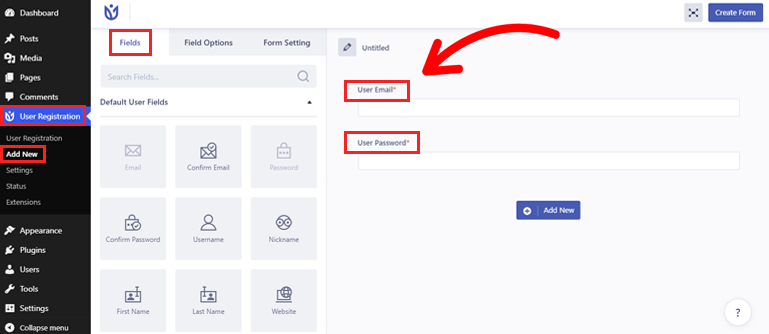 การลงทะเบียนผู้ใช้ WordPress ฟิลด์และแบบฟอร์ม