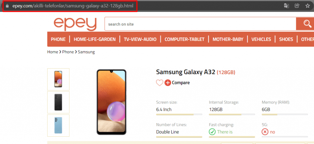 URL da página do produto de comércio eletrônico otimizado para seo