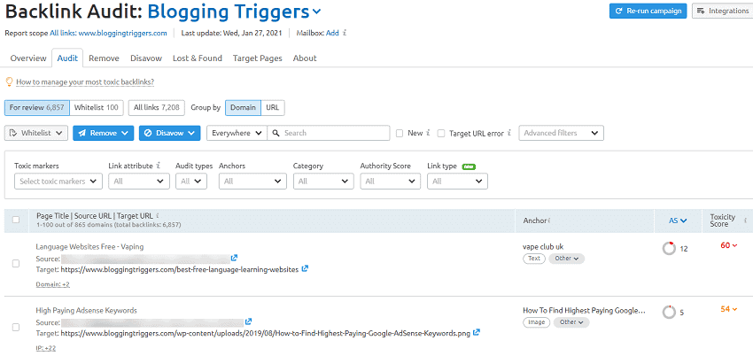 find bad backlinks semrush