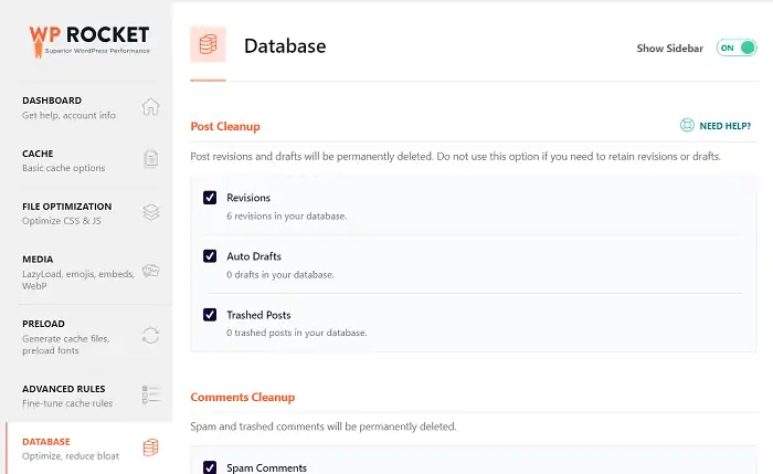 WP Rocket database optimization