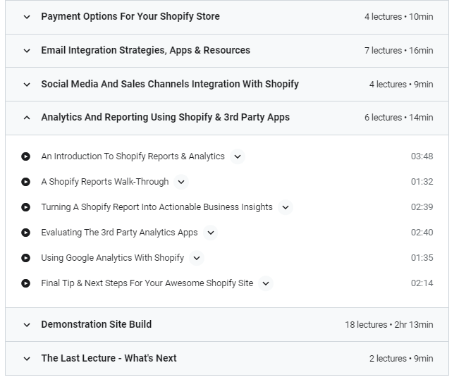 Udemy Shopify محتوى الدورة التدريبية للتجارة الإلكترونية