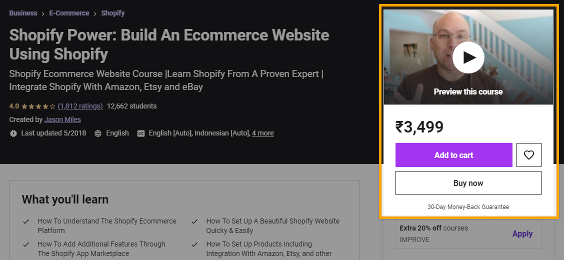 Udemy Shopify سعر الدورة