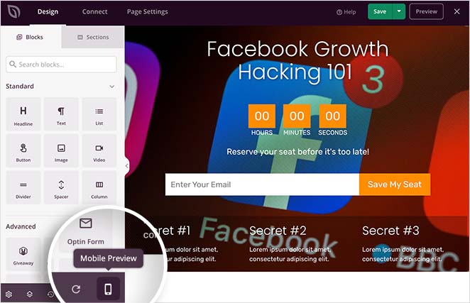 facebook-ads-landing-page-mobile-preview - SeedProd Click the mobile preview icon