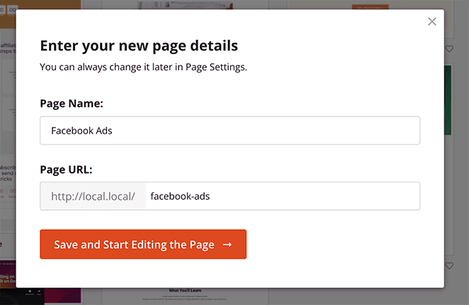 facebook-ads-landing-page-name - SeedProd enter your landing page name and URL