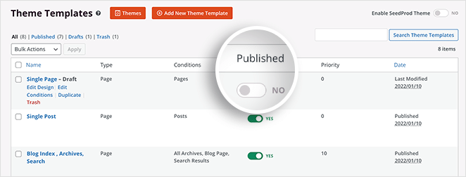 unpublish-theme-sezione - SeedProd unpublish a WordPress theme section
