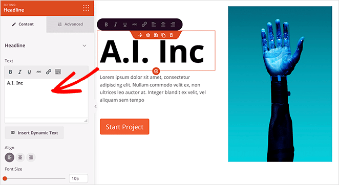 Testo del titolo del tema WordPress - SeedProd Change your homepage template content