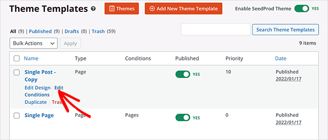 modificare le condizioni del modello di post singolo - SeedProd Edit single post template conditions