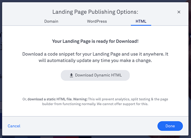publish-leadpages-dynamic-html - SeedProd LeadPages publishing options dynamic HTML