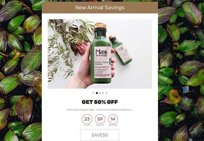 Esempio di pagina di destinazione del codice coupon - SeedProd Wordpress landing page example