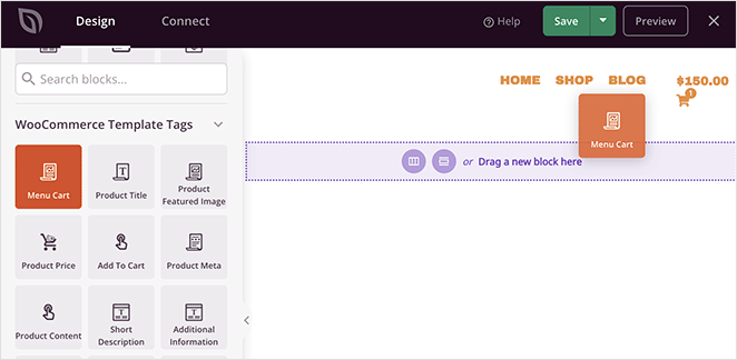 드래그 앤 드롭 헤더 탐색 빌더 - SeedProd Drag and drop blocks to add them to your woocoommerce navigation