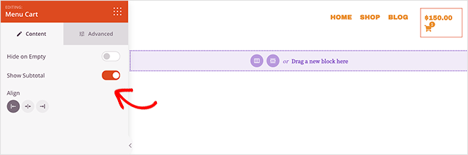 메뉴 카트 블록 설정 - SeedProd WooCommerce menu cart icon settings
