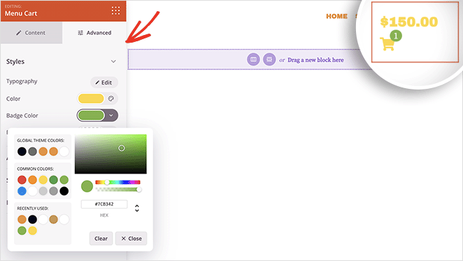 woocommerce-shopping-cart-icon-advanced-settings - SeedProd Menu shopping cart icon advanced settings