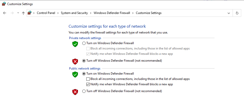 ustawienia wyłączania zapory systemu Windows