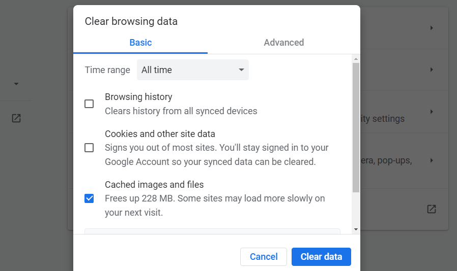 opcje czyszczenia danych przeglądarki w Chrome