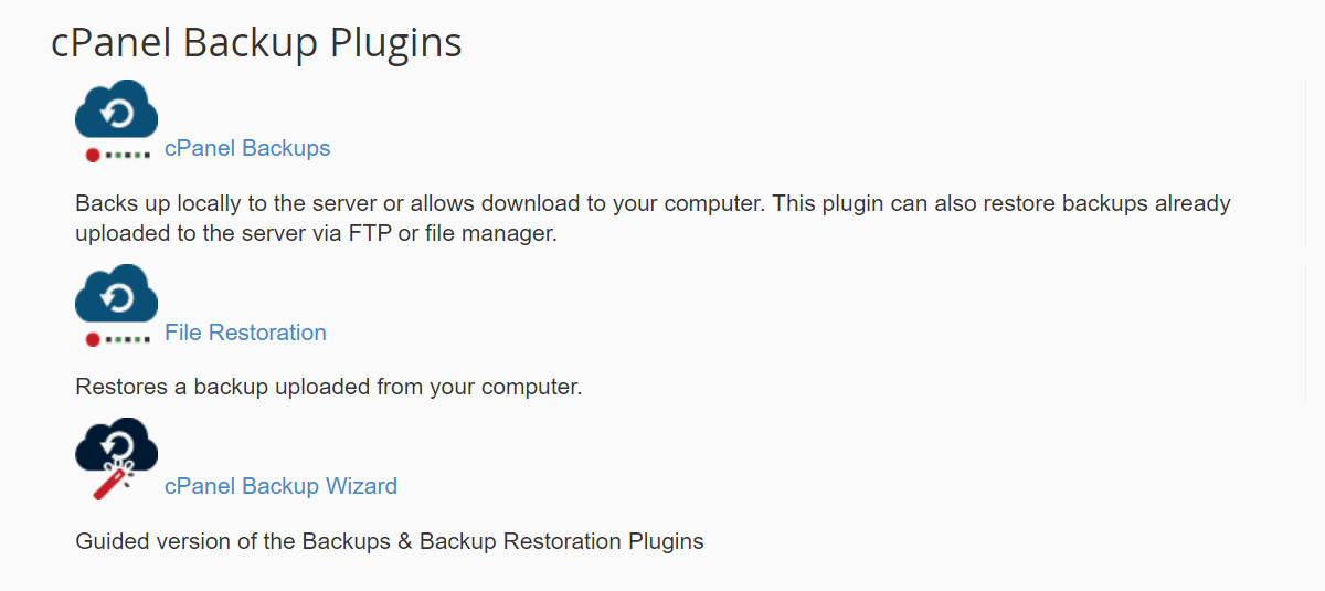 opzioni di ripristino del backup in cpanel