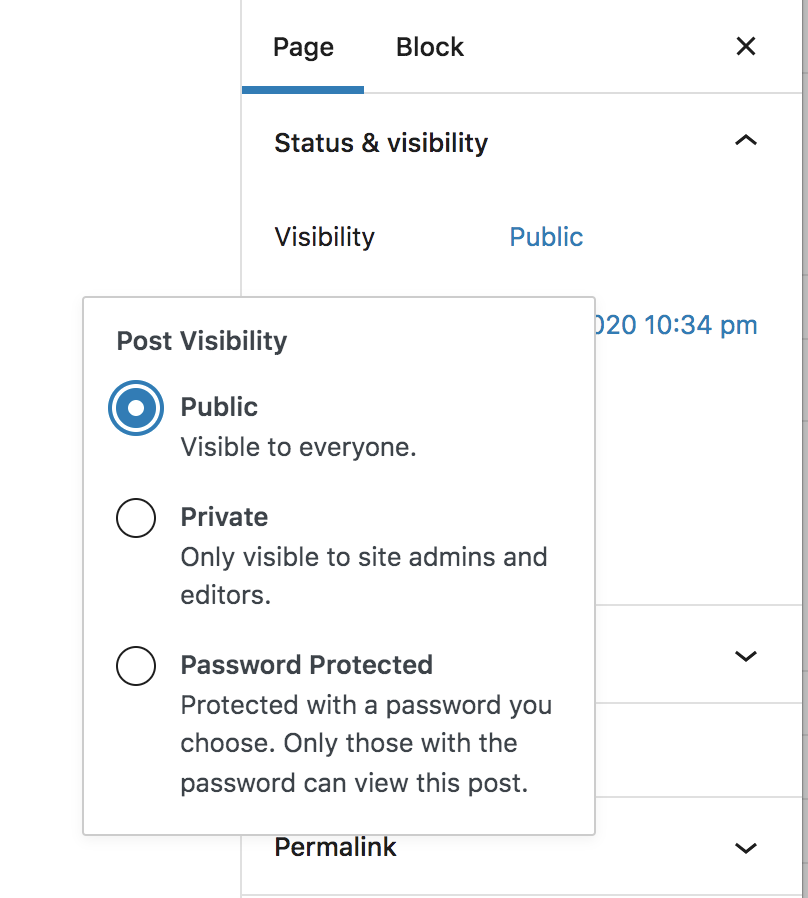 modifica della visibilità della pagina in WordPress
