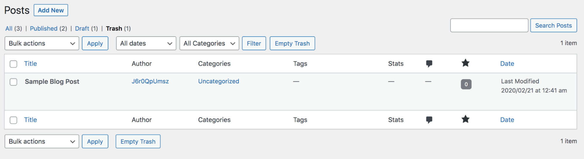 Cartella Cestino aperta nella sezione Post di WordPress