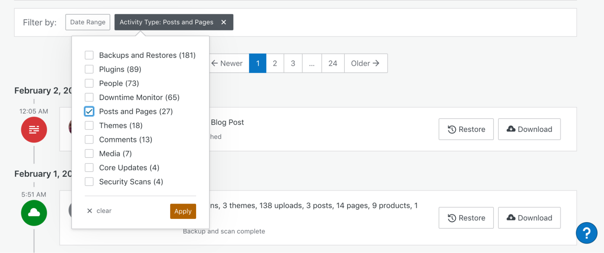 trovare pagine o post eliminati nel registro attività