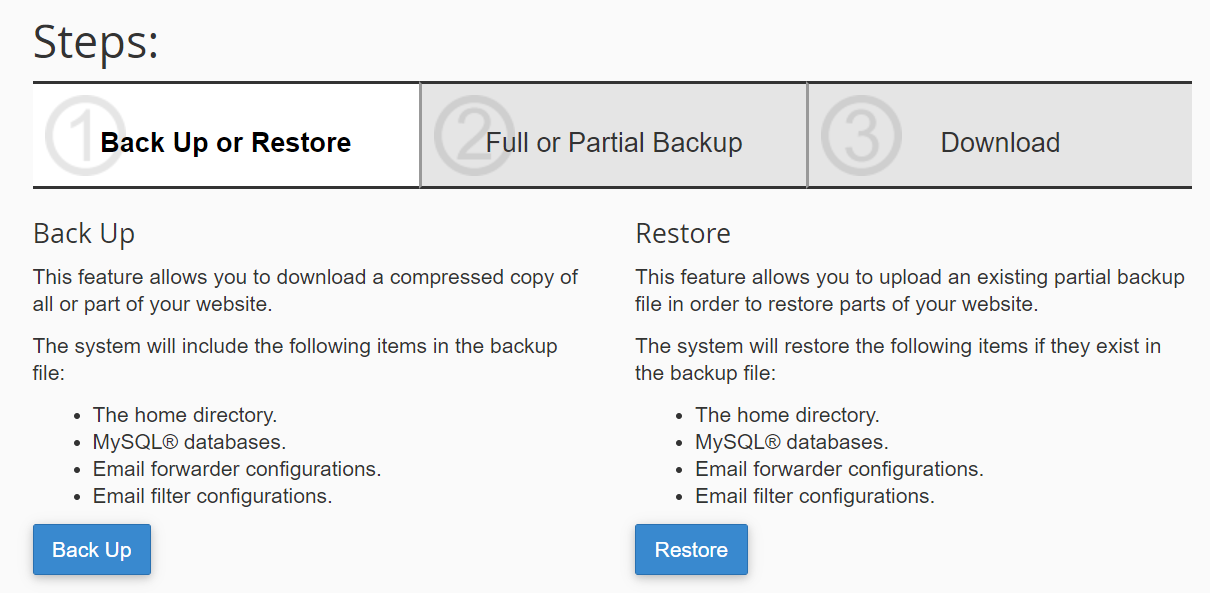 più impostazioni per backup e ripristini in cpanel