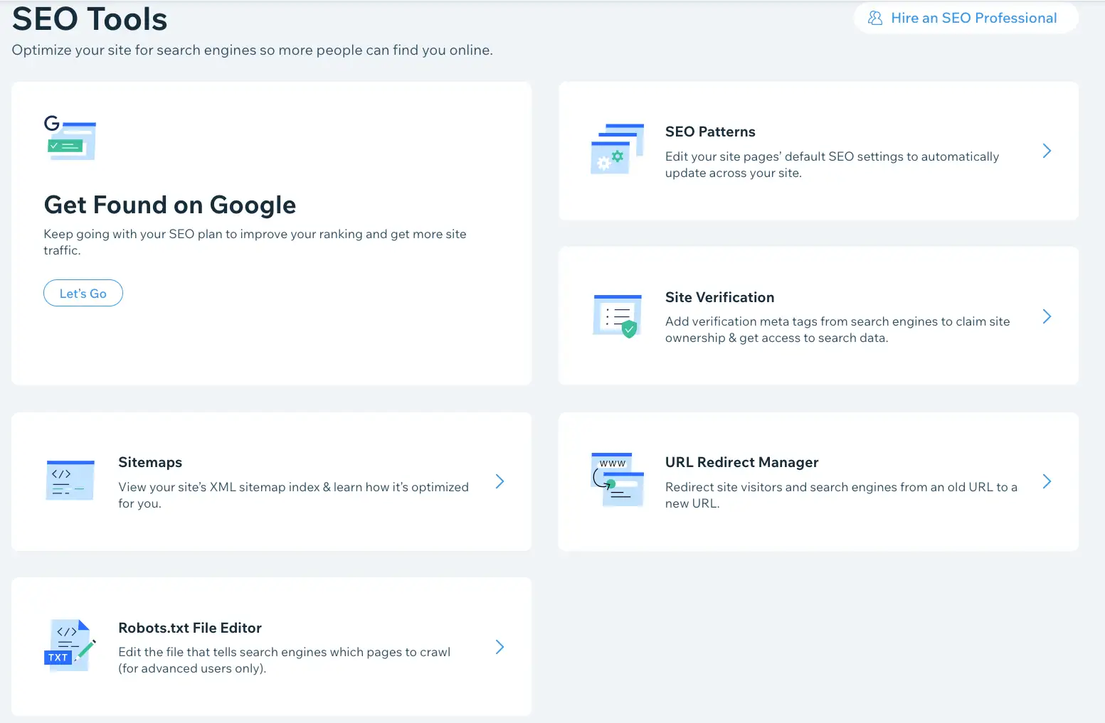 Página de opções de SEO do Wix