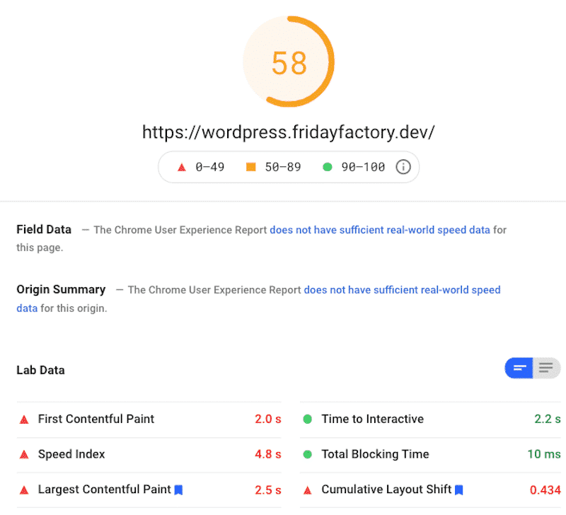 Resultados de desempenho com a página inicial construída com WPBakery - Fonte: PSI 
