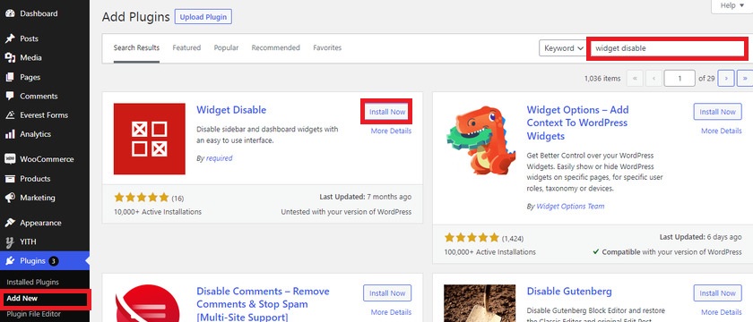 instal plugin sembunyikan widget di woocommerce