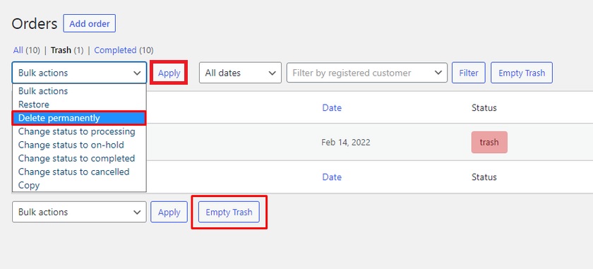 rimuovi dal cestino elimina gli ordini woocommerce