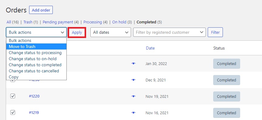 elimina le azioni collettive degli ordini woocommerce