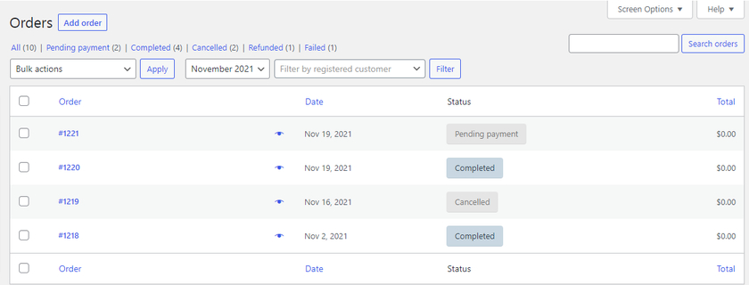 elimina le opzioni di filtro degli ordini woocommerce