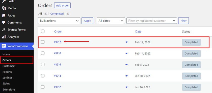 elimina gli ordini woocommerce