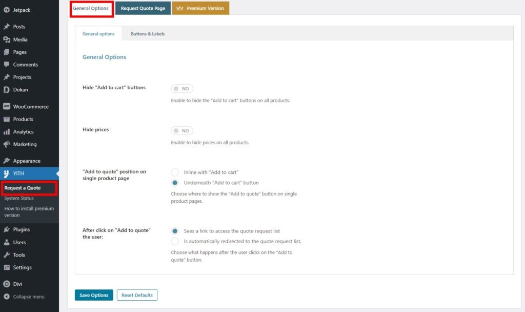 opções gerais yith woocommerce solicitar uma cotação plugins