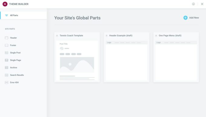 Interface do construtor de temas Elementor