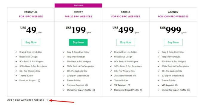 Preços do Elementor Pro