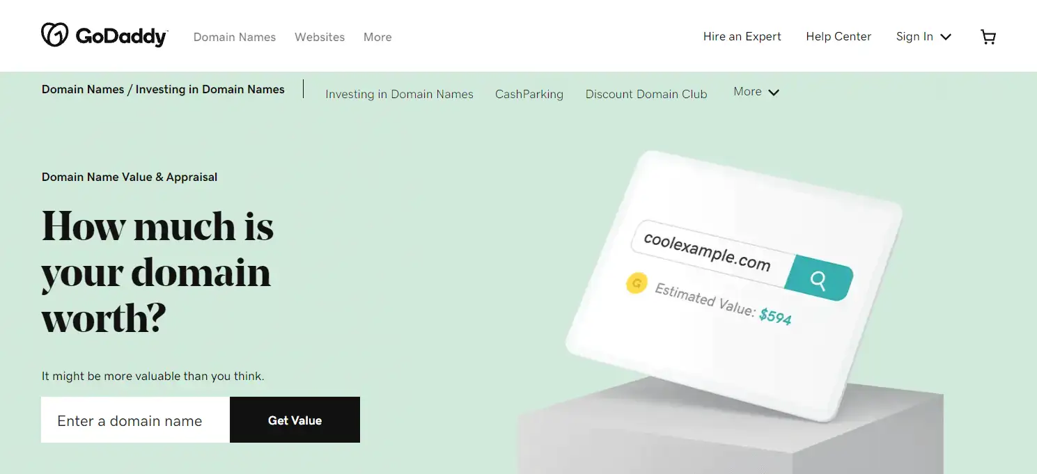 GoDaddyの評価ツール。ドメイン名の販売方法を知りたい人に役立ちます。