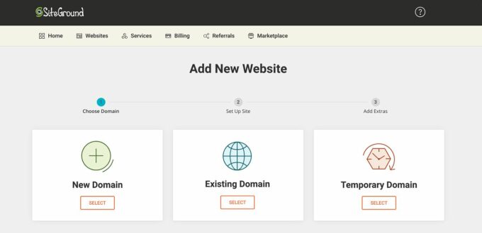 SiteGround 用戶界面;添加新站點